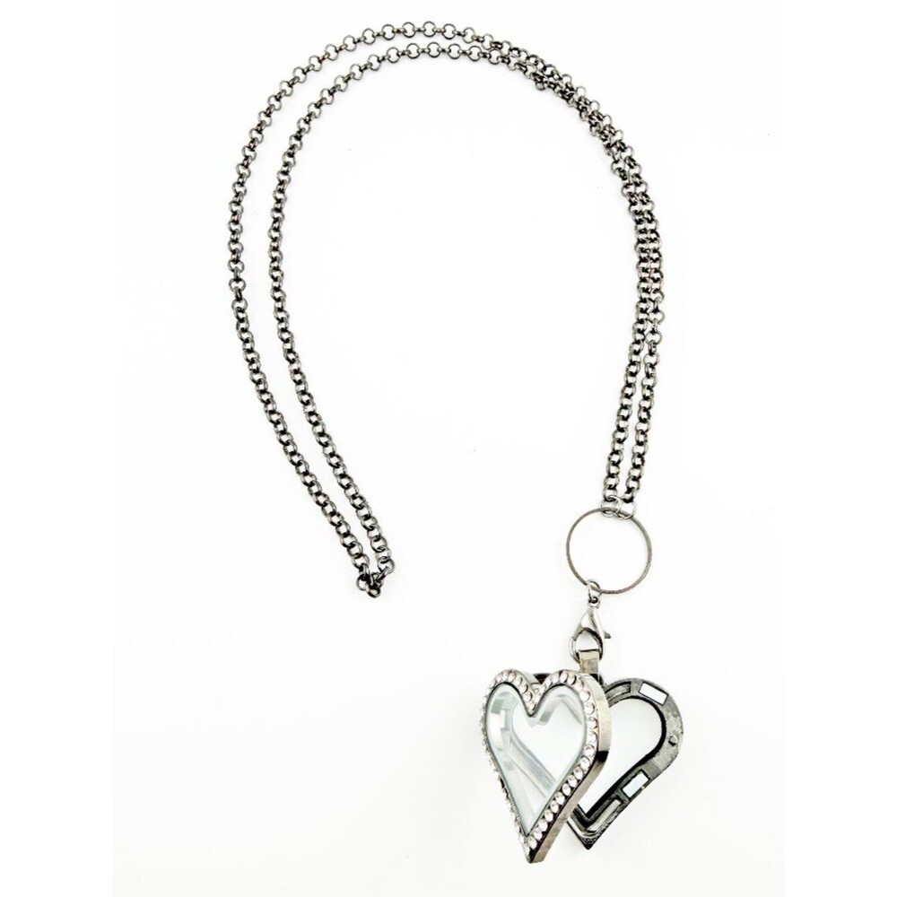 Crystal Heart Memory Floating Locket Lobster Clasp Necklace - Gunmetal-toned